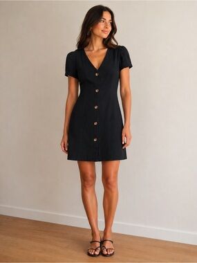 OAK + FORT Black Linen Cotton Blend Button Front Dress | Puff Sleeve | Size M